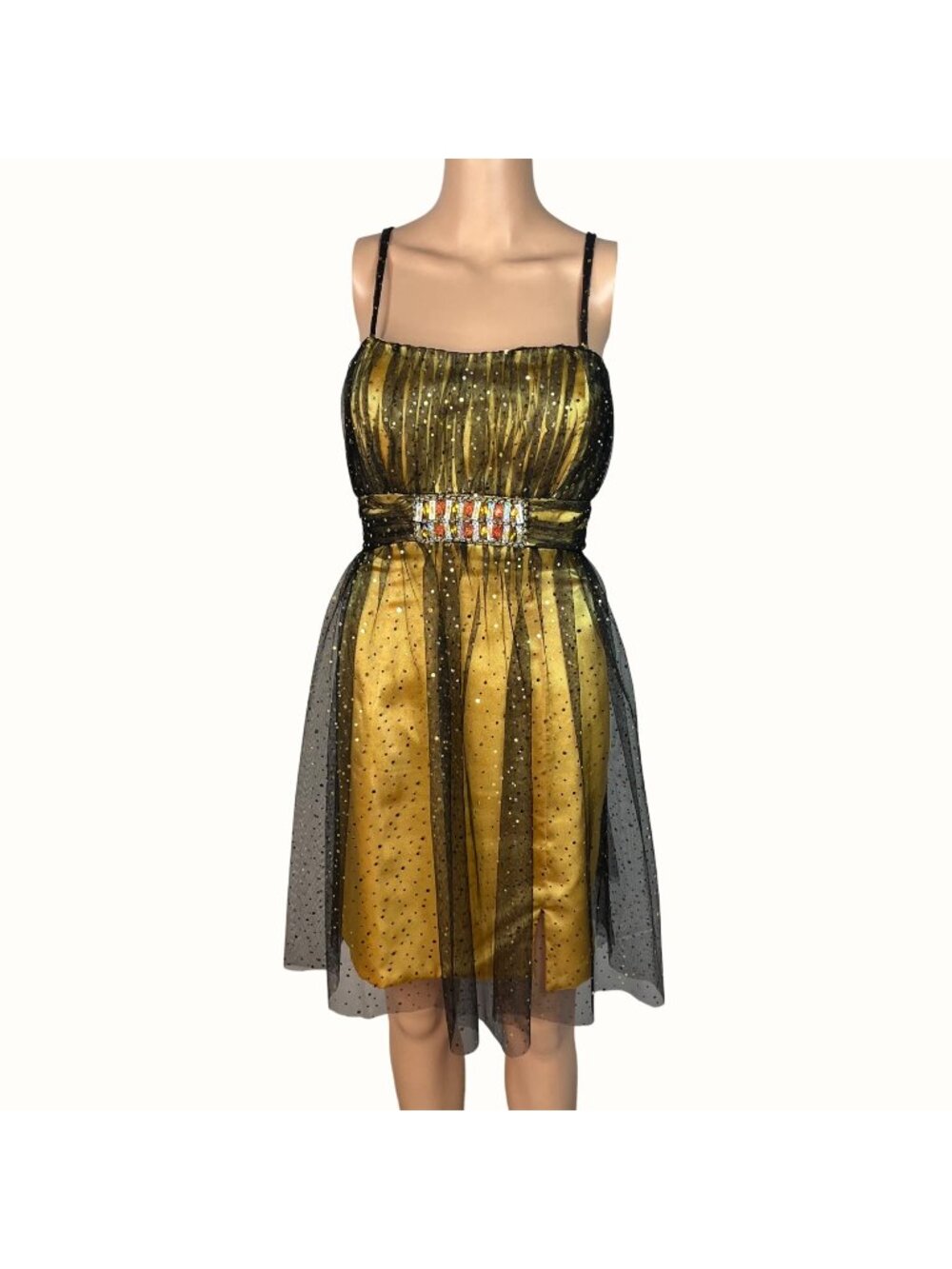 Privada Collection Gold & Black Cocktail Dress With Sequin Overlay & Beaded Wais